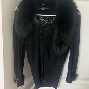 Roberto Cavalli Black Cardigan with Real Fur Trim